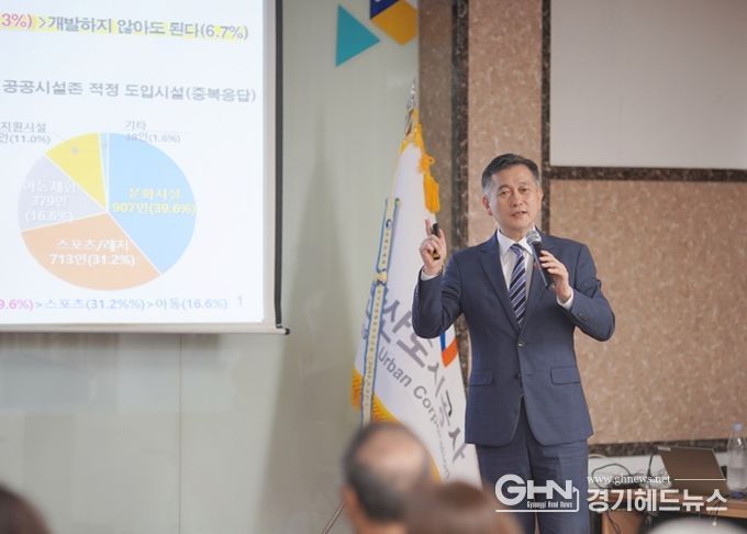 허숭 안산도시공사 사장이 7월 27일 올림픽기념관에서 열린 초지역세권 도시개발사업 간담회에서 사업에 대해 설명하고 있다.(안산도시공사 제공)