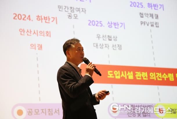 허숭 안산도시공사 사장이 20일 안산 올림픽기념관에서 열린 초지역세권 도시개발사업 시민설명회에서 사업과 관련한 주요사안을 설명하고 있다.