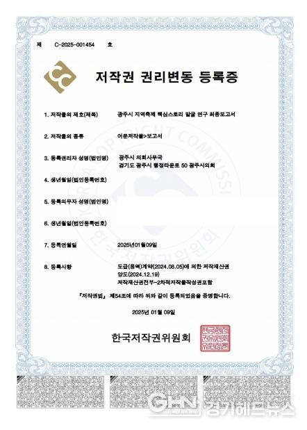 광주시의회, '지역축제 핵심스토리 발굴 연구 최종보고서' 저작권 등록 마쳐